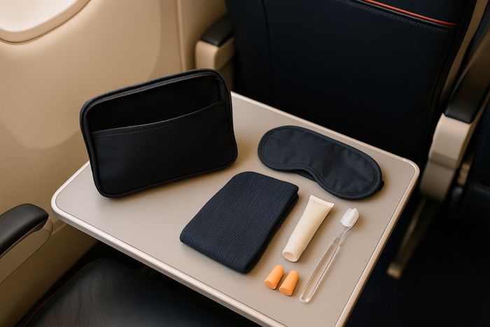 Air France Premium Economy amenity kit opened out on the tray table
