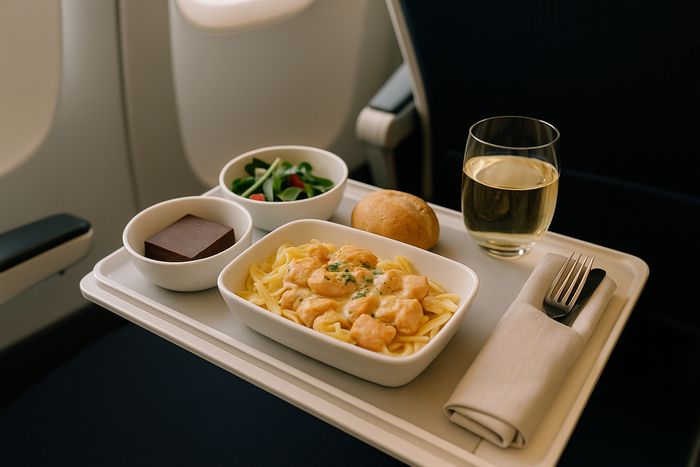 Air France Premium Economy main meal served on the tray table