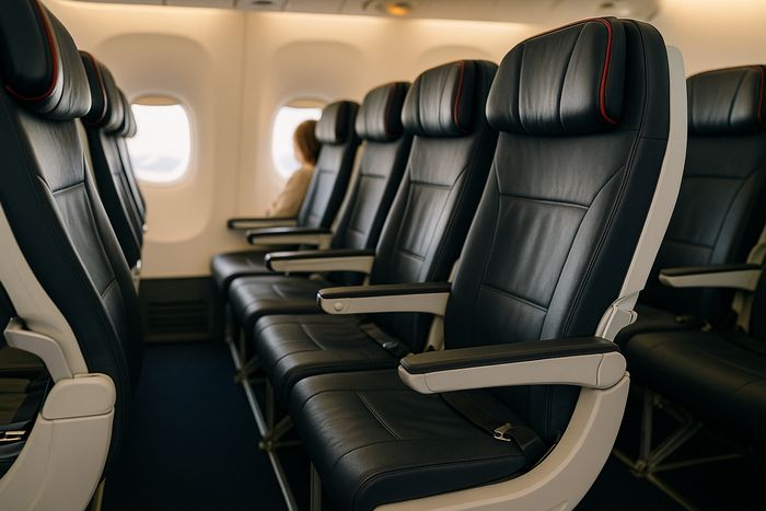 Air France Premium Economy cabin looking down the row at the seat pitch