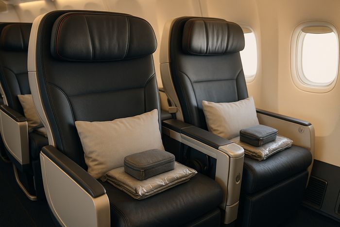 Air France Premium Economy seats with pillow, blanket and amenity kit