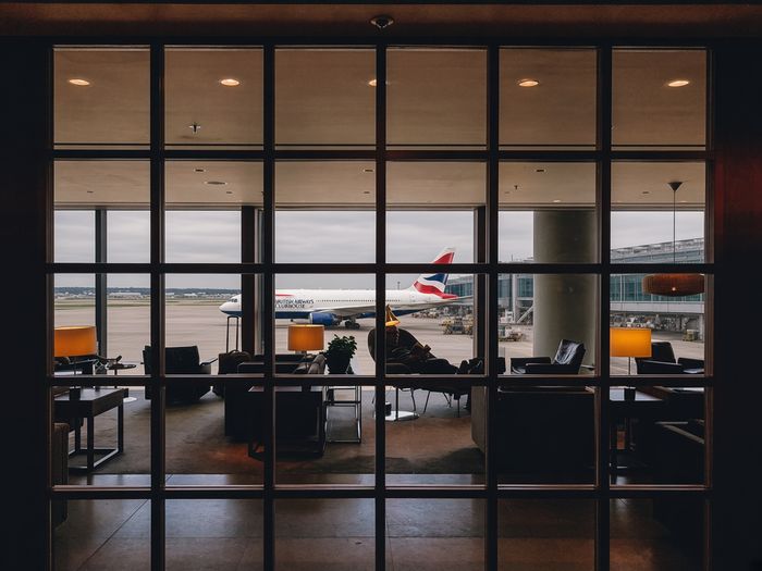 British Airways Clubhouse windows looking onto the Heathrow apron