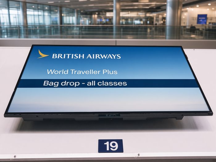 British Airways World Traveller Plus bag drop screen at Heathrow