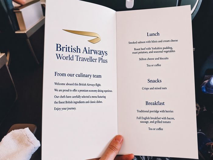 British Airways World Traveller Plus paper menu