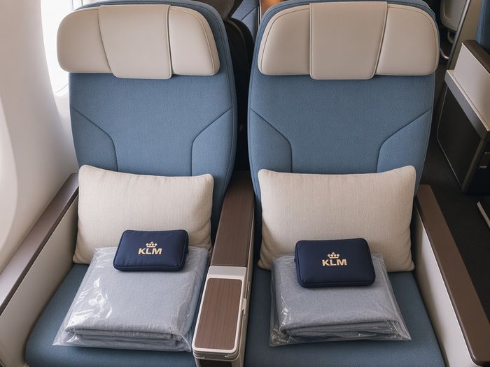 KLM Premium Comfort seats with pillow, blanket and amenity kit