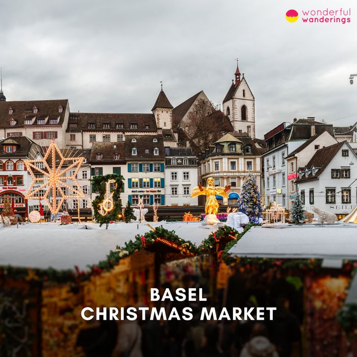 Basel Christmas Market title card: Christmas stalls in front of old town houses