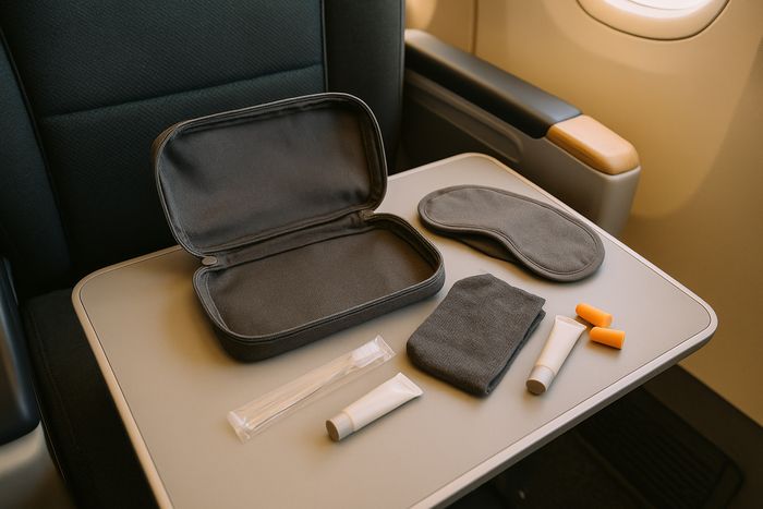Japan Airlines Premium Economy amenity kit opened out on the tray table