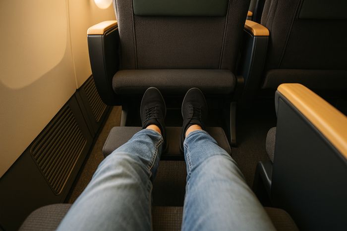 Japan Airlines Premium Economy footrest and legrest deployed