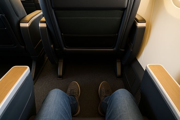 Japan Airlines Premium Economy legroom seen from the seat