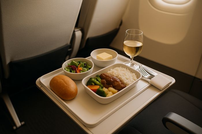 Japan Airlines Premium Economy main meal served on the tray table