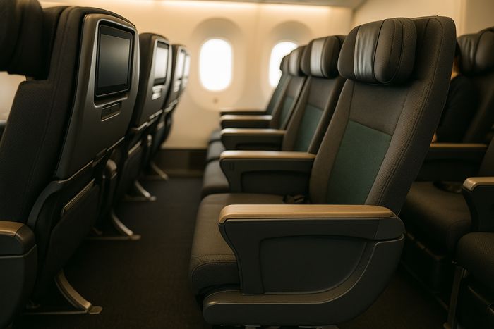 Japan Airlines Premium Economy cabin looking down the row at the seat pitch