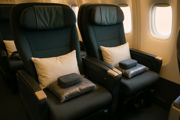 Japan Airlines Premium Economy seats with pillow, blanket and amenity kit