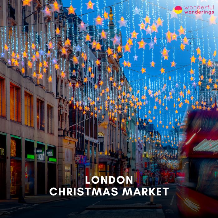 London Christmas Market title card: star-shaped Christmas lights over a shopping street