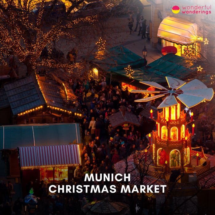 Munich Christmas Market title card: market stalls and a Christmas pyramid at night