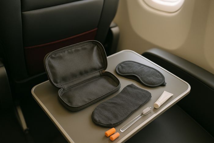 Qantas Premium Economy amenity kit opened out on the tray table