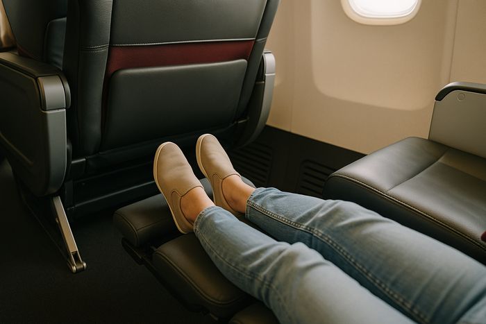 Qantas Premium Economy footrest and legrest deployed