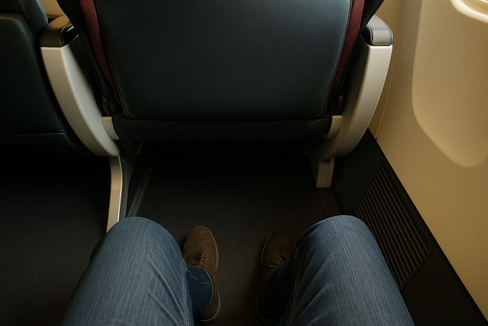 Qantas Premium Economy legroom seen from the seat
