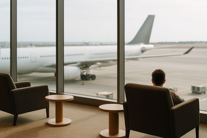 Qantas lounge windows looking out onto the apron