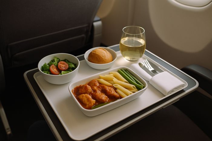 Qantas Premium Economy main meal served on the tray table
