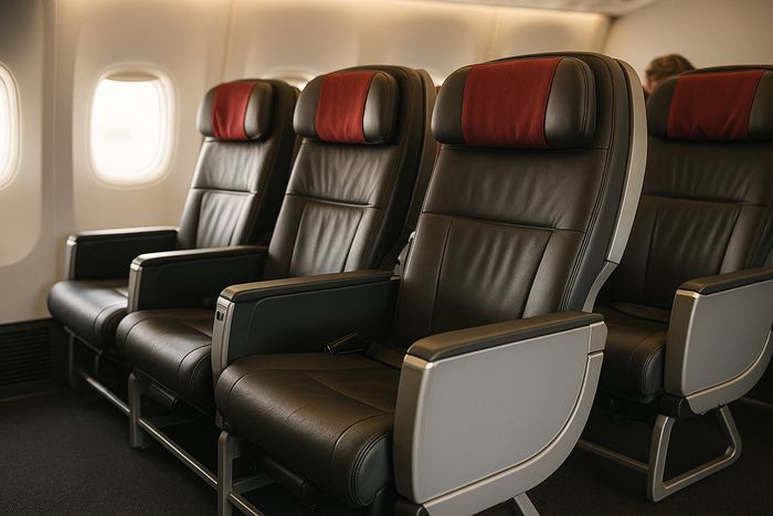 Qantas Premium Economy cabin looking down the row at the seat pitch