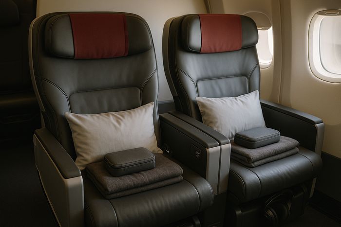 Qantas Premium Economy seats with pillow, blanket and amenity kit