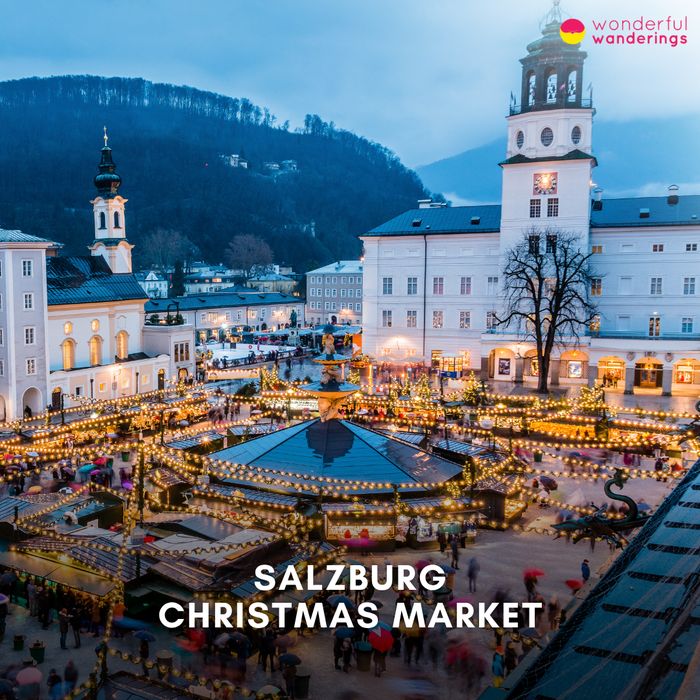 Salzburg Christmas Market title card: market stalls on a square below a clock tower