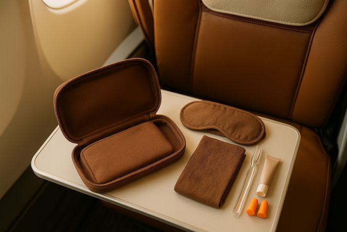 Singapore Airlines Premium Economy amenity kit opened out on the tray table