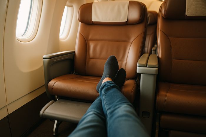 Singapore Airlines Premium Economy footrest and legrest deployed