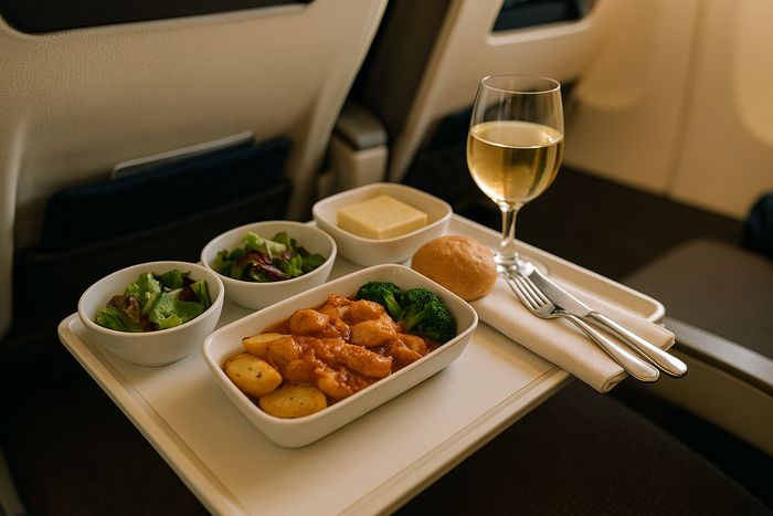 Singapore Airlines Premium Economy main meal served on the tray table