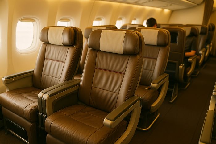 Singapore Airlines Premium Economy cabin looking down the row at the seat pitch