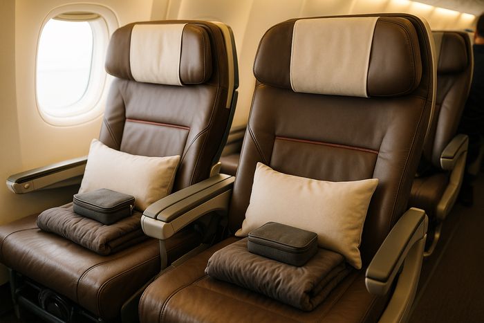 Singapore Airlines Premium Economy seats with pillow, blanket and amenity kit