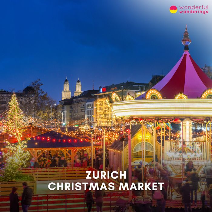 Zurich Christmas Market title card: a carousel and market stalls with church towers behind